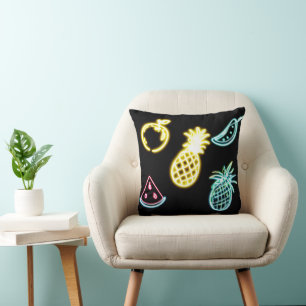 Pineapple and Tropical Fruits Neon Throw Pillow
