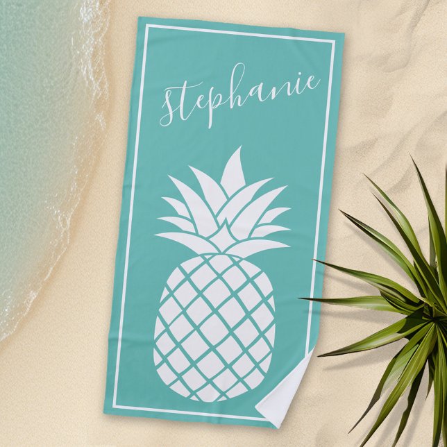 Pineapple and Whimsical aqua handwritten name Beach Towel (Personalized Beach Towel - Photo Collage -- Whimsical Pineapple with a place to add your name)