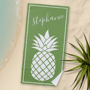 Pineapple and Whimsical green handwritten name Beach Towel