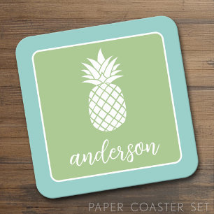 Pineapple and Whimsical green teal - script name Square Paper Coaster