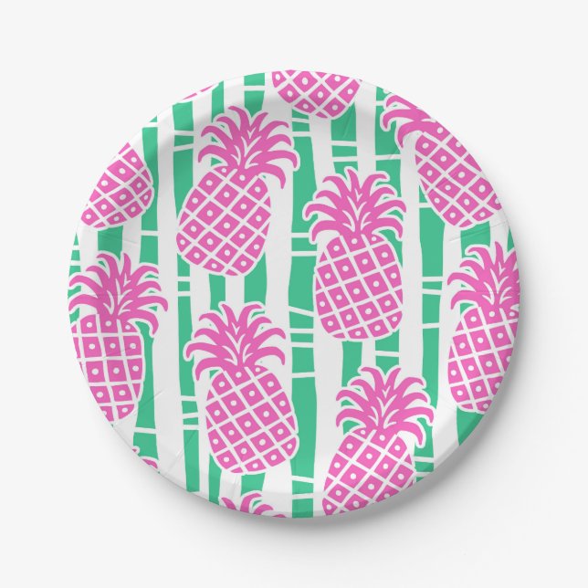 Pineapple Bamboo Stripes Pink & Green Pattern Paper Plate (Front)