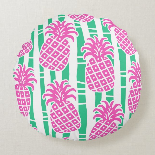 Pineapple Bamboo Stripes Pink & Green Pattern Round Pillow (Front)