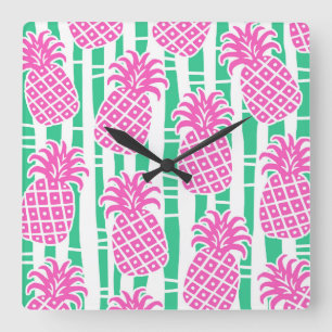 Pineapple Bamboo Stripes Pink & Green Pattern Square Wall Clock