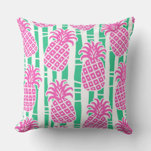 Pineapple Bamboo Stripes Pink & Green Pattern Throw Pillow