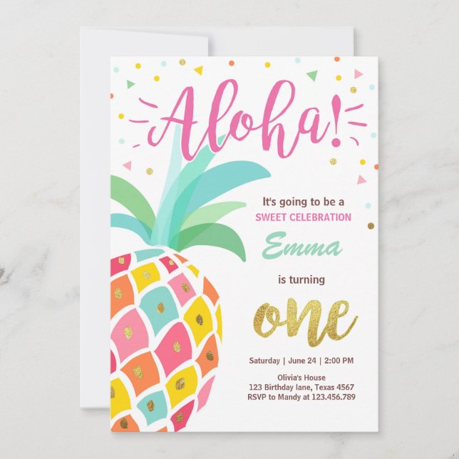 Pineapple birthday invitation Tropical Luau Hawaii (Front)