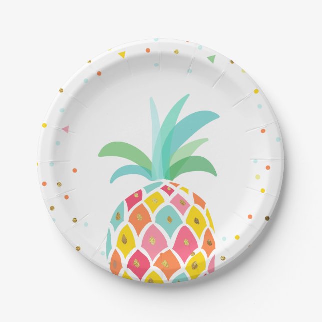 Pineapple Birthday Paper Plates Tropical Luau Gold (Front)