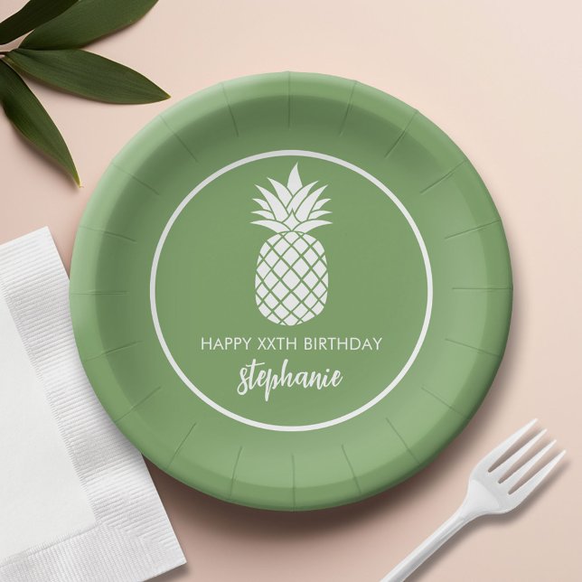 Pineapple Birthday Party Green White Paper Plate (Custom Paper Plate)