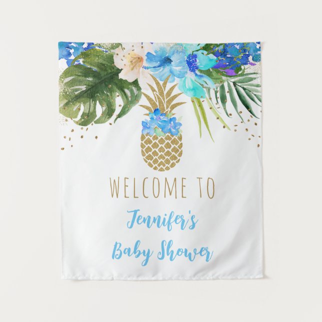 Pineapple Blue Gold Floral Baby Shower Backdrop Tapestry (Front)
