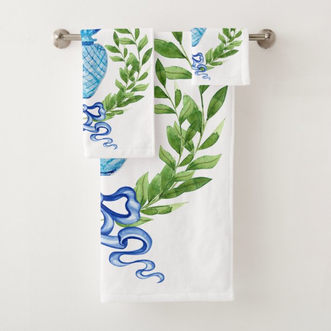 Pineapple Blue & White Ginger Jar Bath Towel Set (Insitu)