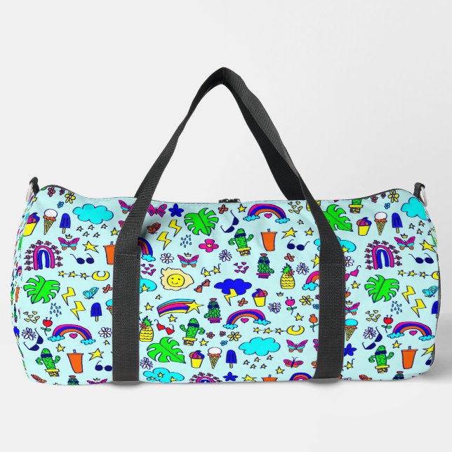 pineapple cactus rainbow monstera doodle duffle bag (Front)