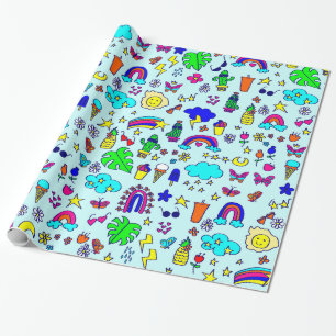 pineapple cactus rainbow monstera doodle wrapping paper