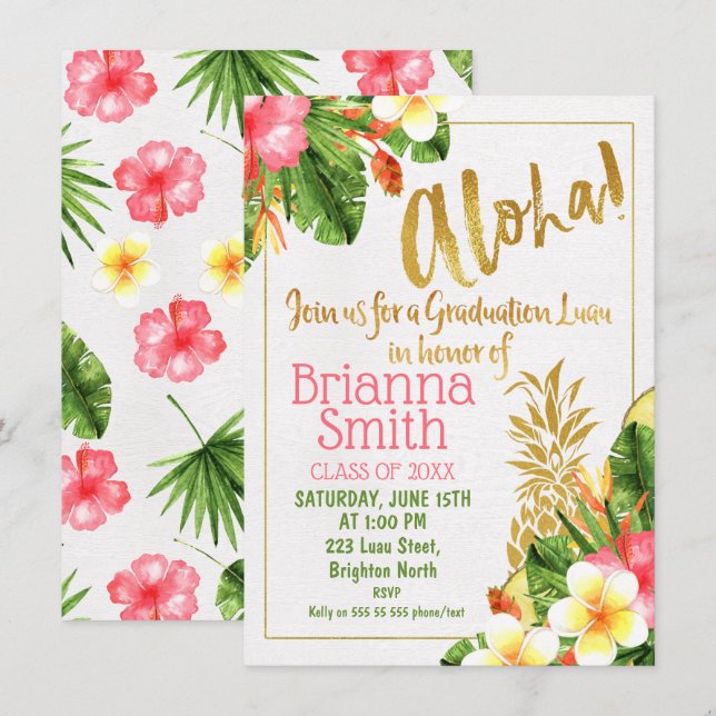 Pineapple Calligraphy Graduation Luau Invitation (Front/Back)