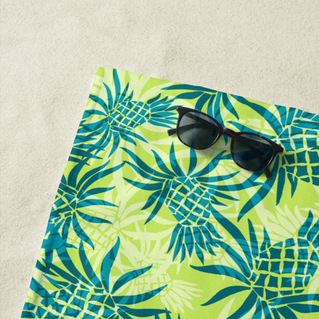 Pineapple Camo Hawaiian Tropical - lime and teal Beach Towel (In Situ)
