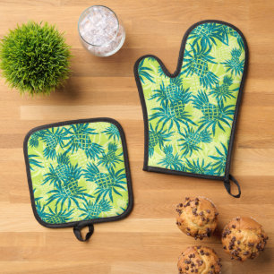 Pineapple Camo Hawaiian Tropical Lime Oven Mitt & Pot Holder Set