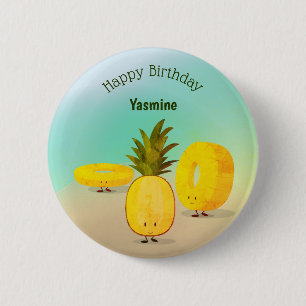 Pineapple Cartoon Happy Birthday Button