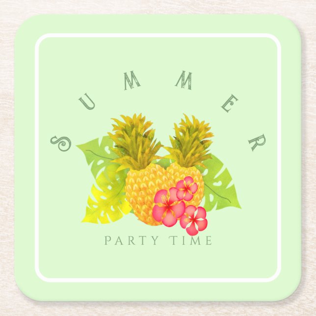Pineapple Chic Green Square Paper Coaster (Front)