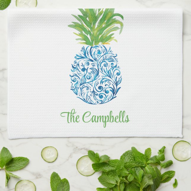 Pineapple Chinoiserie Blue White Preppy Custom Kitchen Towel (Folded)
