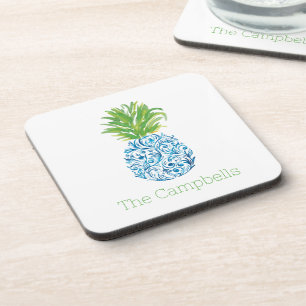 Pineapple Chinoiserie Blue White Preppy Name Coaster