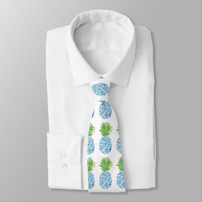 Pineapple Chinoiserie Blue White Preppy Tie (Tied)