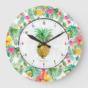 PineApple  & Colourful Tropical Flowers Pattern Large Clock