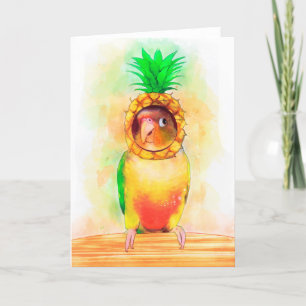 Pineapple conure parrot with pineapple hat holiday card