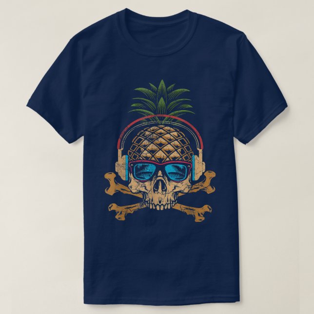 Pineapple DJ Skull Summer Vibes Gamer Hawaiian Sun T-Shirt (Design Front)