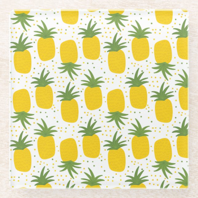 Pineapple Dots: Summer Fruit Design Glass Coaster (Front)