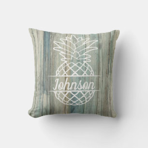 Pineapple Family Name on Rustic Wood Coastal Beach Throw Pillow
