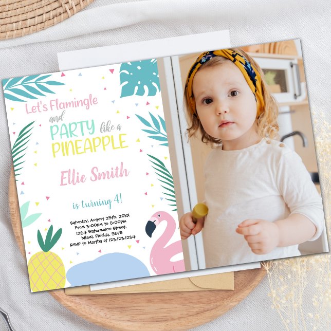 Pineapple & Flamingo Birthday Invitations w photo (Pineapple & Flamingo Birthday Invitations w photo)