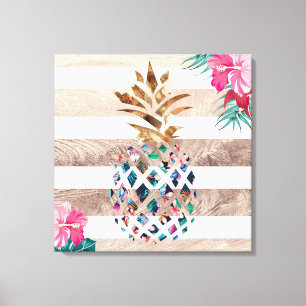 Pineapple floral gold striped design canvas print