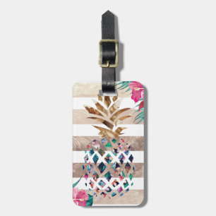Pineapple floral gold striped luggage tag