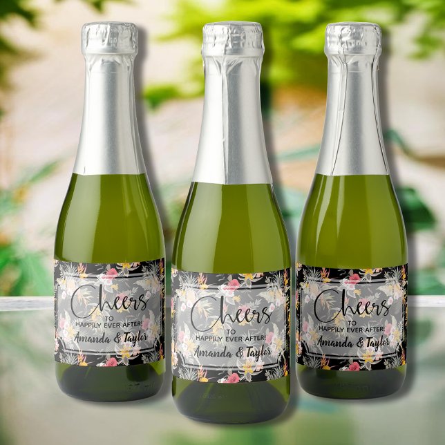 Pineapple Floral on Black Mini Sparkling Wine Label (Pineapples and tropical flowers on black mini sparkling wine labels for your wedding or shower)