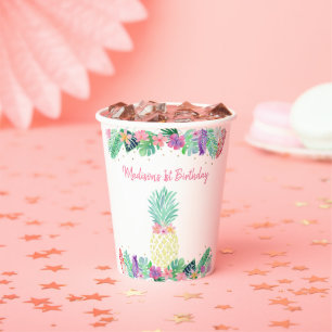 Pineapple Floral Pink Gold Birthday Paper Cups