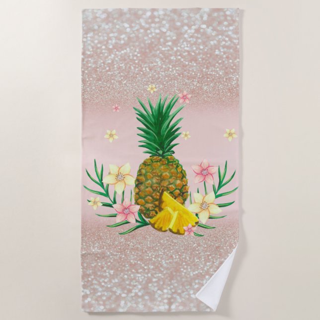 Pineapple Flowers Glitter Bokeh Beach Towel (Front)