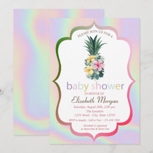 Pineapple Flowers Holographic Baby Shower Invitation