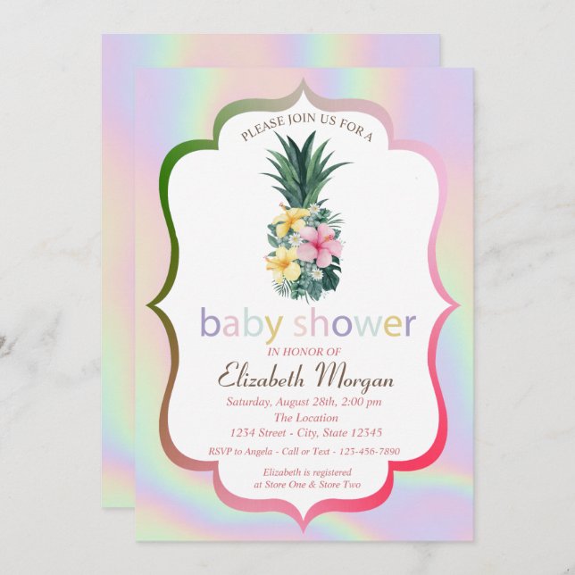 Pineapple Flowers Holographic Baby Shower Invitation (Front/Back)