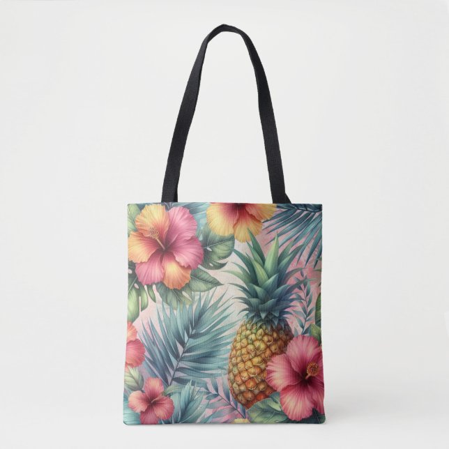 Pineapple & Flowers Pattern Tote Bag (Front)
