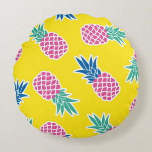 Pineapple Frenzy: Bright Cartoon Vintage. Round Pillow
