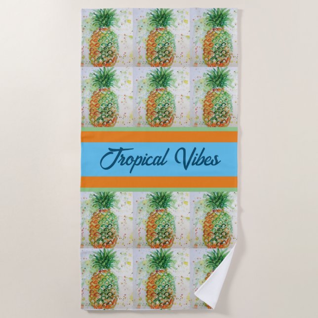 Pineapple Fruit Food Tropical Vibes Orange Lime Beach Towel (Front)