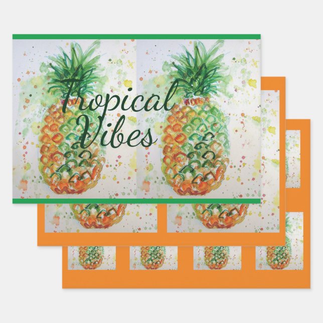 Pineapple Fruit Food Tropical Vibes Orange Lime Wrapping Paper Sheet (Set)