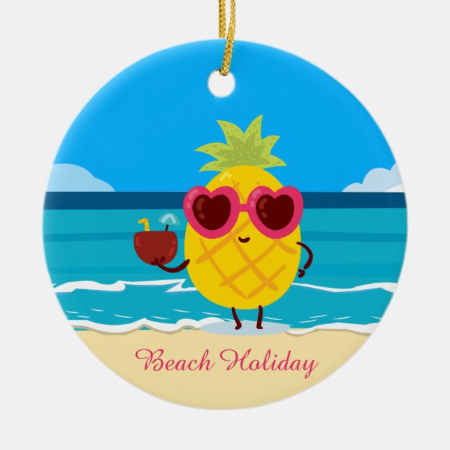 Pineapple fruit on Beach Holiday Cute Colourful Ceramic Ornament (Front)