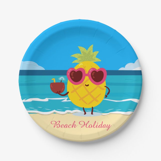Pineapple fruit on Beach Holiday Cute Colourful Paper Plate (Front)