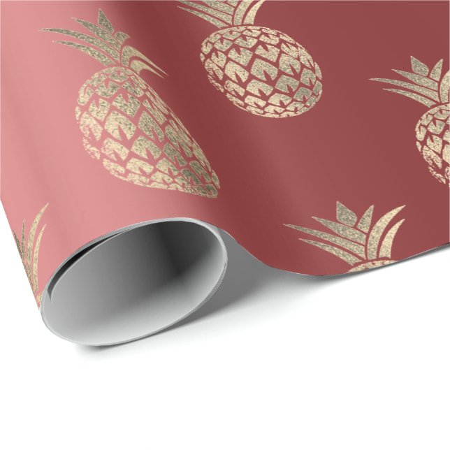 Pineapple Fruits Faux Gold Tropical Summer Burgund Wrapping Paper (Roll Corner)