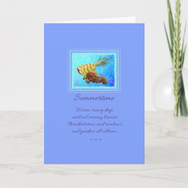 Pineapple & Fruits on Periwinkle Birthday Greeting Card (Front)