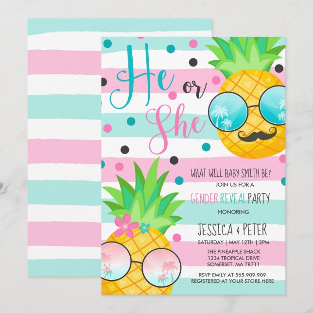Pineapple Gender Reveal Invitation Hawaiian Reveal (Front/Back)