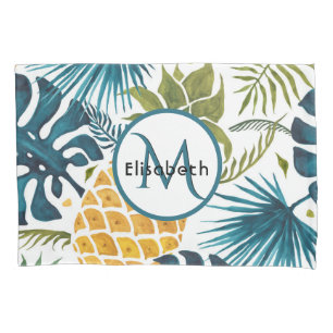 Pineapple gold palm leaves  monogram pillowcase