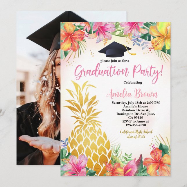 Pineapple Graduation Photo Invitation Tropical Lua (Front/Back)