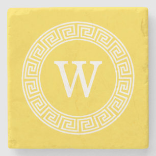 Pineapple Greek Key Rnd Frame Initial Monogram Stone Coaster