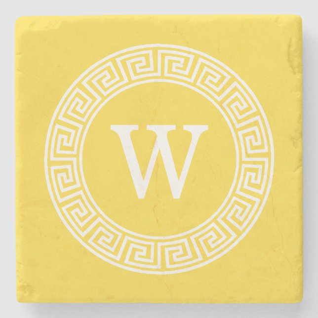 Pineapple Greek Key Rnd Frame Initial Monogram Stone Coaster (Front)