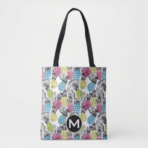 Pineapple Grunge Palms Monogram Tote Bag